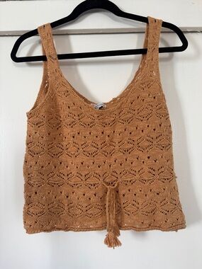 Crochet Sweater Tank Top in Camel Tan with Tassel Tie Waist Small